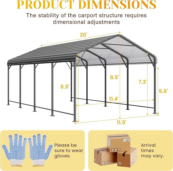 12' x 20' Carport, Heavy Duty Carport with Updated Roof & Enhanced Base, All Weather Steel Car Port, Multi-Use Car Port Garage, Metal Carports for Car, Truck, Boat, Tractors, Party, Grey
