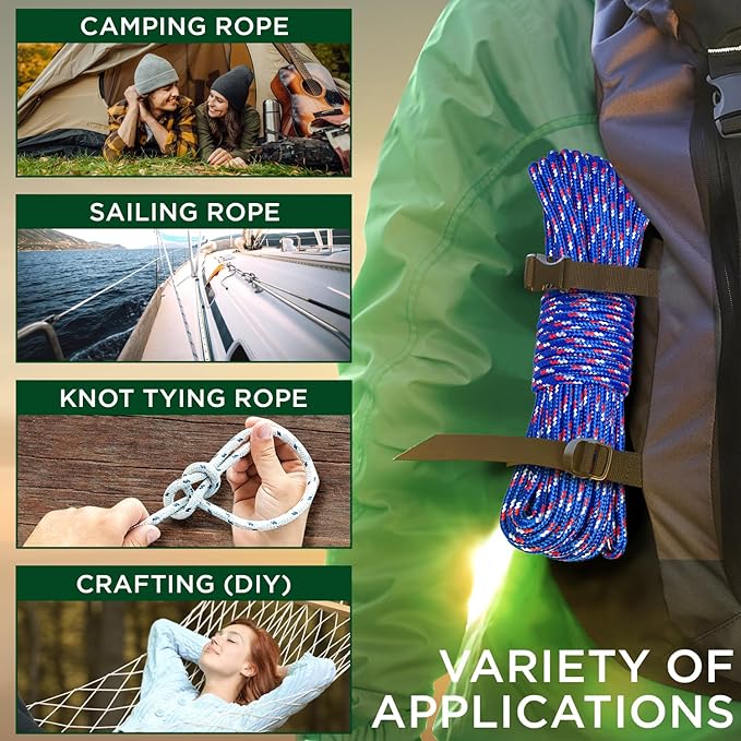 TECEUM Rope – 150 Feet x 1/4 Inch (7mm) – Patriot Mix – Strong All-Purpose Utility Rope – Camping, Crafting, Flag Pole, Indoor & Outdoor – Polypropylene Nylon Poly Lightweight Diamond Braided Cord