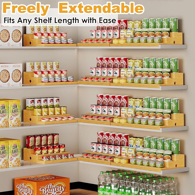 Extra-Long Expandable Bamboo Can Rack for Pantry – 3-Tier Adjustable Pantry Can Organizer, Large Capacity Holds up to 45 Cans, Pantry Shelf & Countertop Storage (Patent Pending)