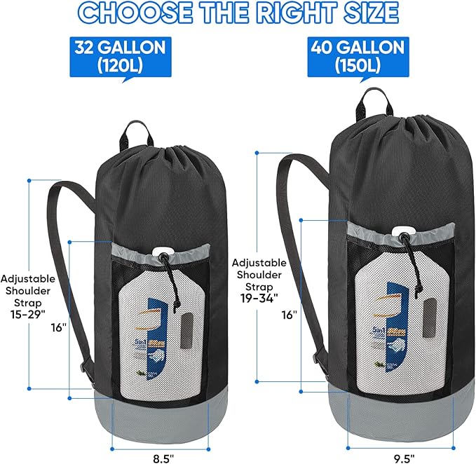 BALEINE 120L Laundry Bag Backpack, 900D Oxford Fabric Large Travel Laundry Bags with Shoulder Straps and 2 Mesh Pockets for College Dorm, Apartment, Laundromat (Black, 120L) (Pack of 2)