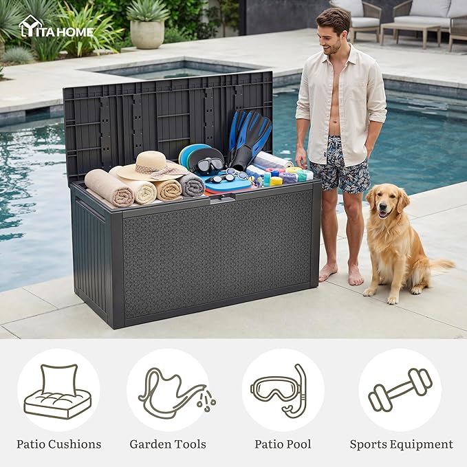 YITAHOME 90 Gallon Large Outdoor Deck Box, Lockable Waterproof Resin Storage Box with Handles, Weatherproof & UV Resistant, Patio Garden Tool Container for Outdoor Furniture, Dark Grey