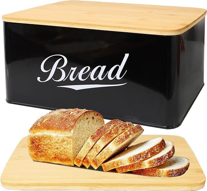 RoyalHouse Modern Metal Bread Box with Bamboo Cutting Board Lid, Bread Storage Container for Kitchen Counter, Vintage Kitchen Decor Organizer - Black
