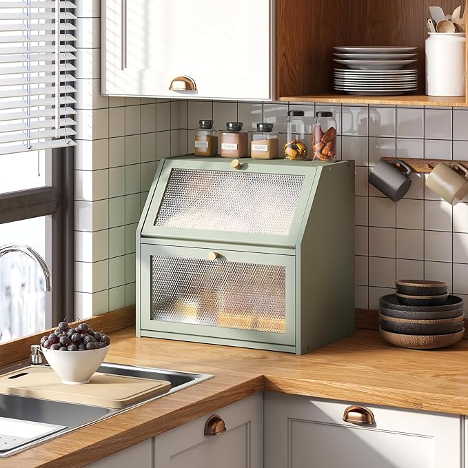 Bread Box for Kitchen Countertop Bin Double Layer Bread Box Storage Container Extra Large Capacity Farmhouse with Diamond Pattern Windows (Green, Extra Large)