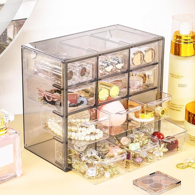 Desk Storage Organizer with 12 Mini Drawers, Clear Desktop Craft Drawer Cabinet, Stackable Storage Box Caddy for Makeup Jewelry Office Craft Supplies (Grey)