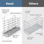 KESOL 304 Stainless Steel Utensil Drying Rack with Hooks & 3 Divided Compartments, Silverware Drying Basket, Spoon and Fork Organizer, Rustproof Kitchen Drainage Basket Accessories, Silver, 2x8.7x5