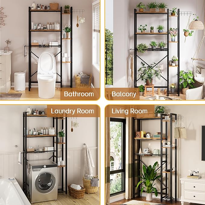 Over The Toilet Storage with Side Shelf, 7 Tier Bathroom Organizer Rack with Paper Holder, Hooks and Basket, Freestanding Above Toilet Shelf for Laundry, Quick Interlock Install (Vintage Brown)