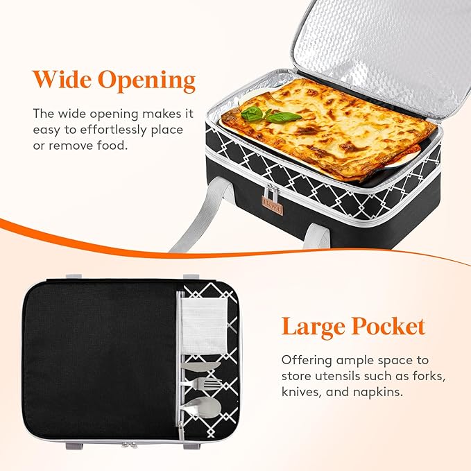 Lifewit Insulated Double Decker Casserole Carrier, Lasagna Lugger Holder for Hot or Cold Food, Fits 9" x 13" Baking Dish, Thermal Lunch Tote Bag for Potluck Parties, Picnic and Cookouts, Black