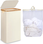 Slim Laundry Hamper,75L Beige Narrow Laundry Basket with Lid,Foldable Clothes Hamper with Bamboo Handles,Hamper Basket with Removable Inner Bag for Laundry Room Bedroom College Dorm