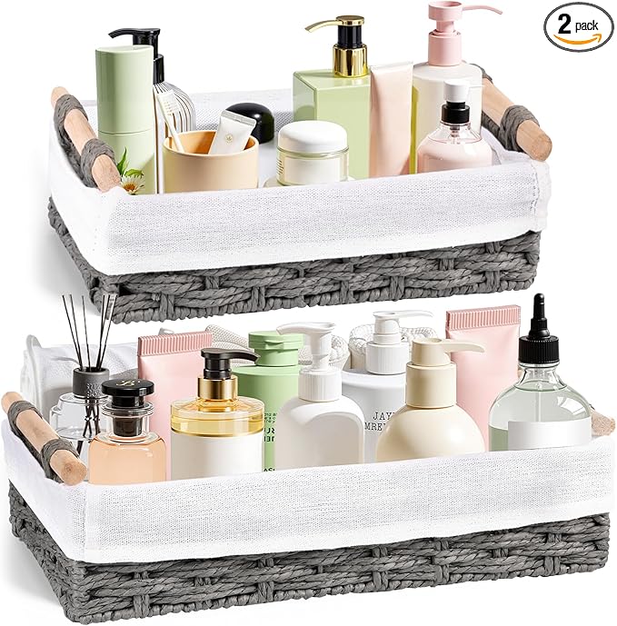 HomeHacks 2 Pack Storage Basket Paper Rope Baskets for Organizing with Handle Decorative Storage Bins for Countertop Toilet Paper Basket for Toilet Tank Top Large Baskets, Grey
