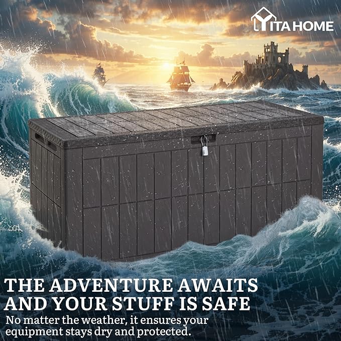 YITAHOME 134 Gallon Large Deck Box, Waterproof Resin Outdoor Storage Box with Lock, Doubles as 2-Person Bench Seating for Patio Furniture Cushions,Garden Tools & Pool Accessories, Dark Brown