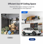 FLEXIMOUNTS 4x8 Overhead Garage Storage Rack with 6 Hooks, Adjustable Storage Organization System, Heavy-Duty Metal Ceiling Racks, 22.6" -39.4" Ceiling Dropdown, 2 Pack, White, Lite Series