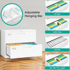 SISESOL 2 Drawer Lateral File Cabinet with Lock,White Lateral Filing Cabinet,Horizontal Metal Filing Cabinets,Locked Wide Two Drawer File Cabinets for Office Home,Fit A4/F4/Letter/Legal File