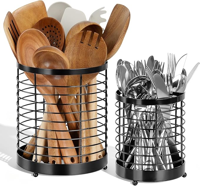 Utensil Holder, 7.7"+6" Stainless Steel Utensil Holder for Kitchen Counter, Cooking Tools Spatula, Silverware Forks, Knives, Spoons Utensil Crocks Organizer Drying Rack, Set of 2