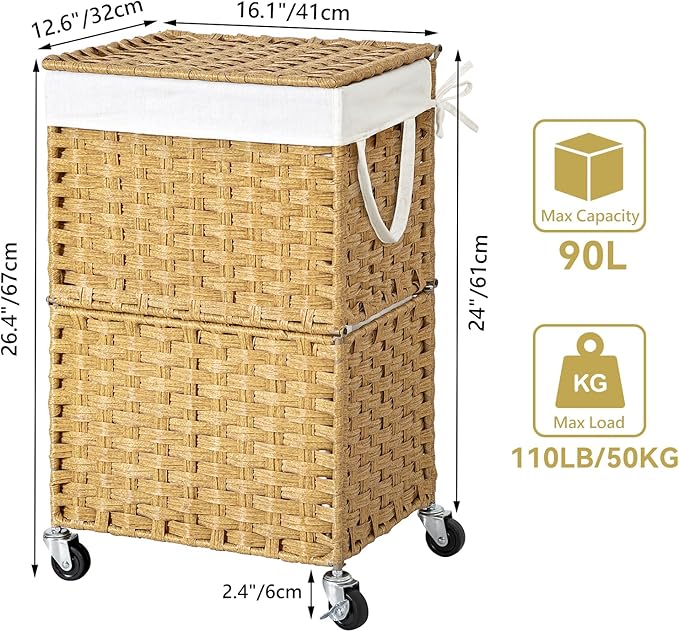 Chrislley 90L Slim Laundry Hamper with Wheels, Rolling Laundry Basket with Lid and Renovable Liner Bag, Handwoven Rattan Organizer for bedroom, bathroom, laundry room (Yellow)