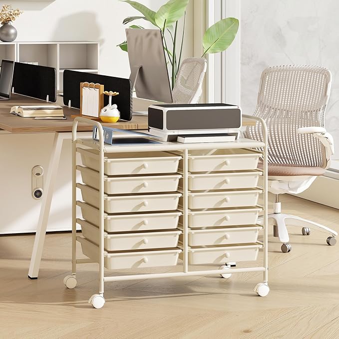 COSTWAY 12-Drawer Rolling Storage Cart, Utility Storage Organizer Cart for Tools, Scrapbook, Paper, Craft, Multipurpose Art Supply Organizer on Wheels for Home Office School, Teacher, Ivory White