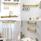 Dseap Kitchen Utensil Holder Hanger, Pot and Pan Rack Wall Mounted, Kitchen Rail with 8 Hooks for Hanging Cooking Utensils, Mugs, Spoons, Wall Mounted, Gold