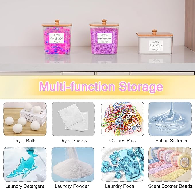 efluky 4 pack Laundry Pods Container & Dryer Sheet Holder Set,Clear Laundry Room Organization Containers with Bamboo Lids and Labels,Laundry Pods Holder for Scent Booster,Powder,Pod
