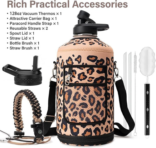 1 Gallon Water Bottle Insulated | Thickened Stainless Steel Vacuum Metal Water Jug | Portable Sports Large for Gym and Hiking with Straw, Carrier Bag, Handle Strap | BPA-Free 128 oz