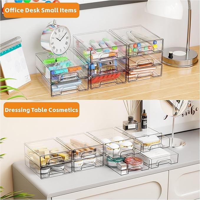 Yieach 2.2'' Tall Acrylic Clear Stackable Storage Drawer Organizer,8 Pack Desk Organization and Storage,Plastic Office Supply Organizer,Drawer Storage Organizer for Makeup,Accessory,Pen,Art Crafts