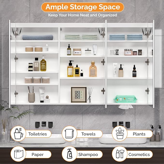 VINGLI 60 x 36 Inch Extra Large Lighted Bathroom Medicine Cabinet with Mirror, Large 3-Door Wall Mounted Bathroom Medicine Cabinet with Lights, Dimmable Mirror with Storage, Built-in Outlet & USB