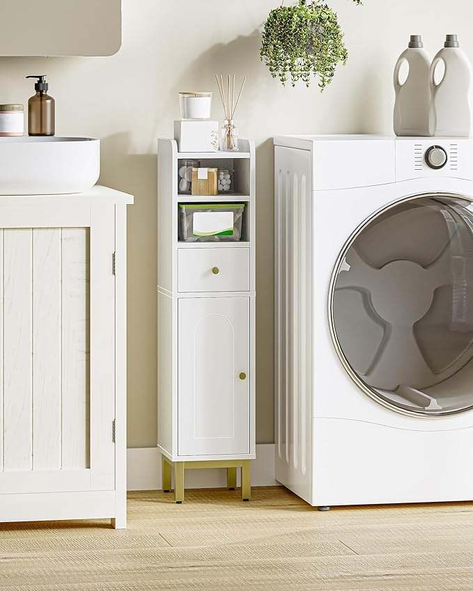 Bathroom Storage Cabinet, Corner Floor Cabinet with Drawers and Doors, Narrow Toilet Paper Holder, Bathroom Organizer with Adjustable Shelf, for Small Spaces, White BC19803GV1