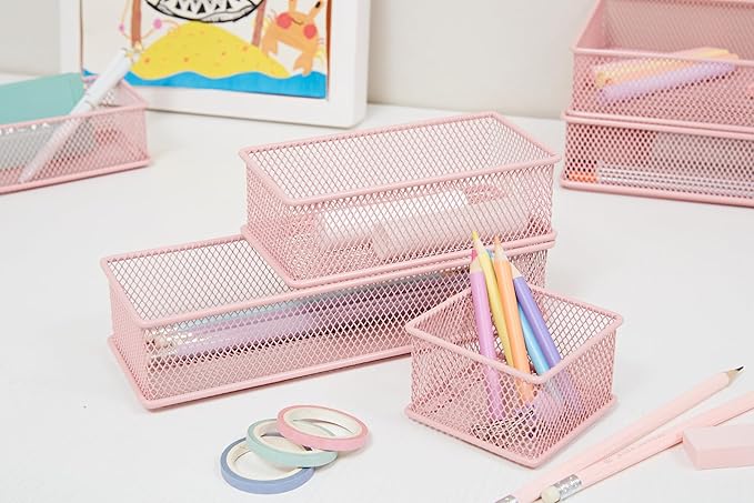Annova Mesh Stackable Drawer Cabinet and Shelf Organizer Bins Storage Basket School Office Supply Holder Tray- Set of 2 (Light Pink, 3x9x2 Inch)
