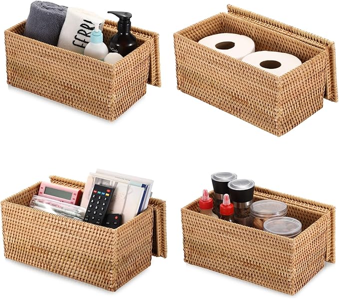 Hipiwe Rattan Basket Box with Lid Toilet Roll Storage Baskets Bin Handwoven Wicker Basket Box Bathroom Toilet Paper Holder Rectangular Baskets Bin for Shelf Home Decor, 11.8"Lx6.2"Wx6.1"H