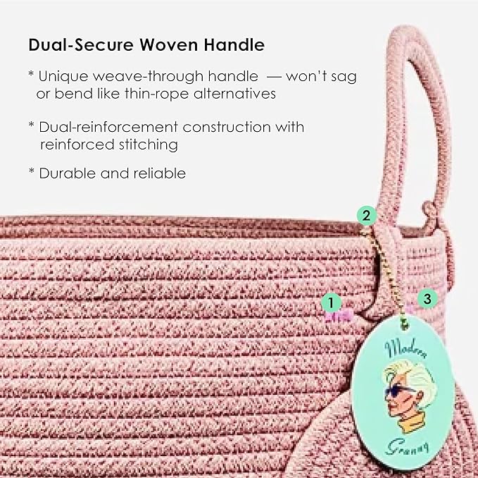 Modern Granny Small Cotton Rope Laundry Basket 16x10 Inch Dual Secure Woven Handle for Living Room Closet Clothes Blanket Organization