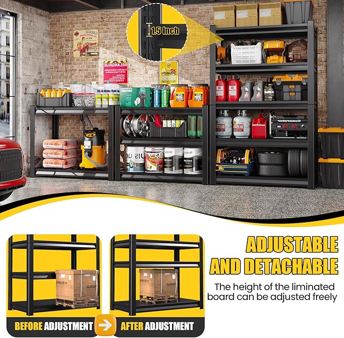 5-Tier Garage Shelving Heavy Duty, 3000LBS Garage Shelves, Adjustable Metal Shelving Unit, Garage Storage Shelves, Utility Rack Shelf, Shelves for Garage Storage, 72" H×45.7" W×20" D, 2 Pack