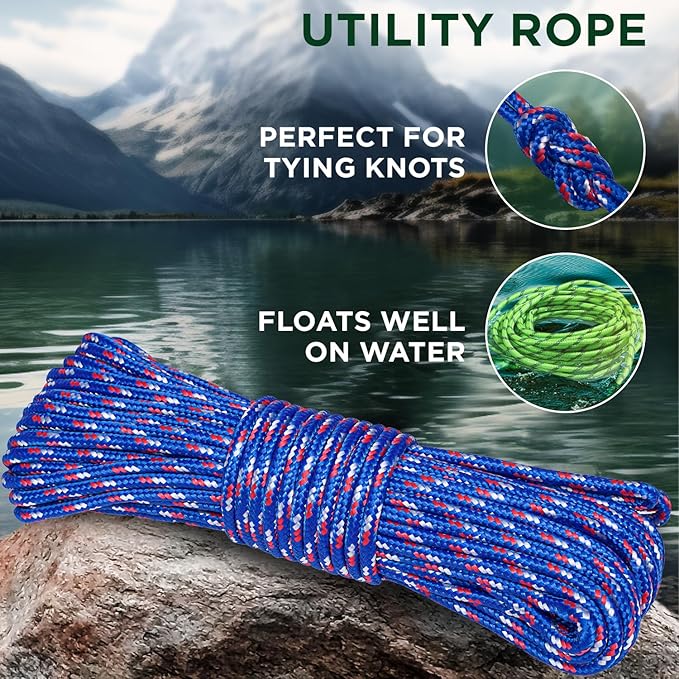 TECEUM Rope – 90 Feet x 1/4 Inch (7mm) – Patriot Mix – Strong All-Purpose Utility Rope – Camping, Crafting, Flag Pole, Indoor & Outdoor – Polypropylene Nylon Poly Lightweight Diamond Braided Cord
