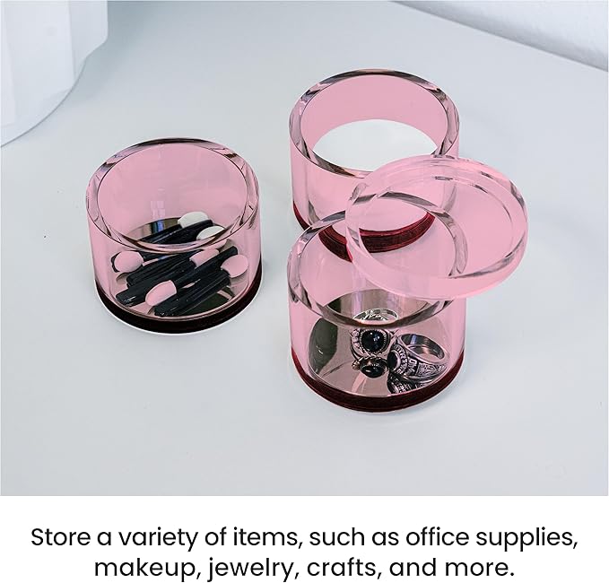 OfficeGoods 3-Tier Stackable Acrylic Holder- Stylish Desk Organizer and Storage for Office or Home – Transparent Round Design, Pink with Silver Metal Base