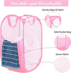 Durable Collapsible Laundry Baskets - Reinforced Mesh Pop Up Laundry Hamper with Pocket, Foldable Dirty Clothes Hamper with Carry Handles for Laundry, Bathroom, Kids Room, Dorm or Travel Pink+Grey