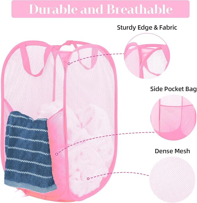 2 Pcs Durable Collapsible Laundry Baskets - Reinforced Mesh Pop Up Laundry Hamper with Pocket, Foldable Dirty Clothes Hamper with Carry Handles for Laundry, Bathroom, Kids Room, Dorm or Travel Pink