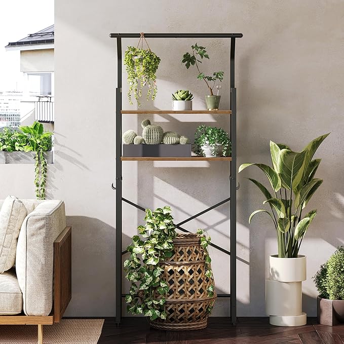 2-Tier Over The Toilet Storage, Multifunctional Vertical Over Toilet Bathroom Organizer, Freestanding Bathroom Storage Shelves with Hooks, Bathroom Organizer, Rustic Brown and Black TR01BR