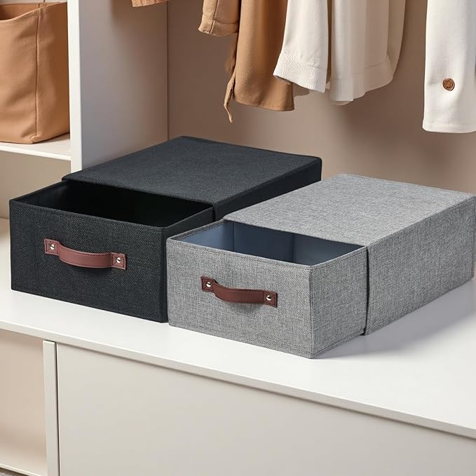 2PCS Closet Drawer Organizer Stackable Fabric Storage Boxes Bins Baskets with Lid PU Leather Handles Foldable Washable Cotton Linen Wardrobe Shelf Cloth Towels Container (Black, Large)