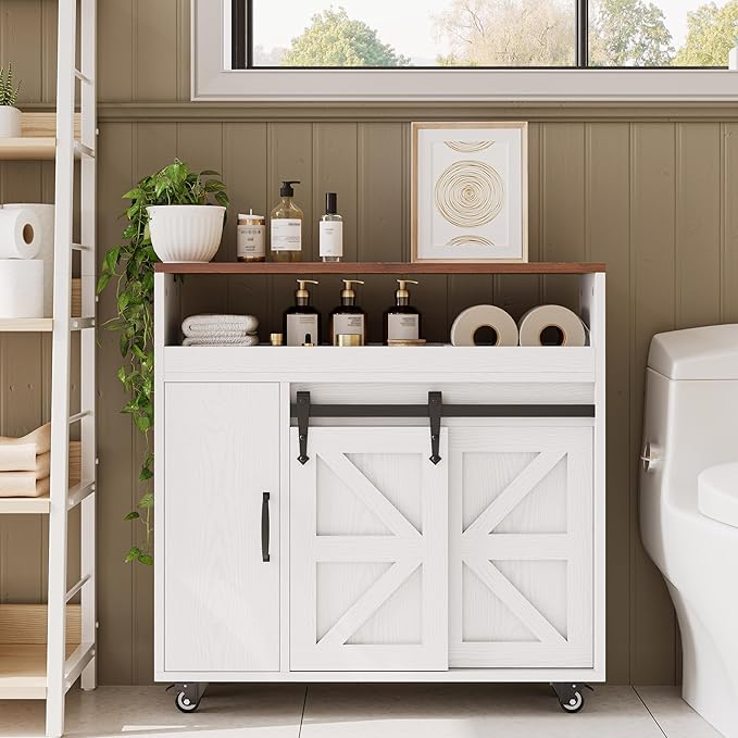 IRONCK Toilet Paper Cabinet, Slim Bathroom Cabinet with 4 Rolling Wheels, Farmhouse Slim Storage Cart with Paper Holes, Sliding Doors and Adjustable Shelf for Small Space, White/Walnut