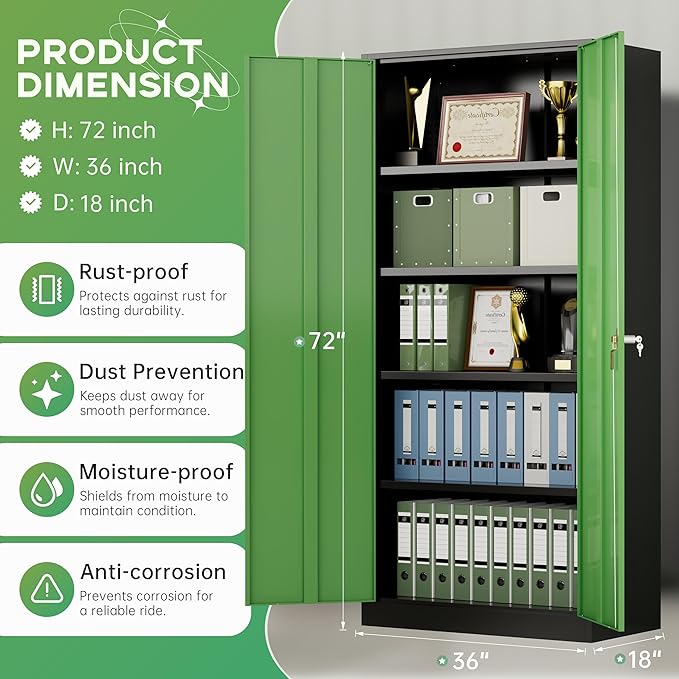 INTERGREAT Metal Storage Cabinet with Lock, 72" Steel Lockable Storage Cabinets with Locking Doors and Adjustable Shelves, Locking Tool Cabinets for Office, Home, Garage, Gym, School (Black Green)