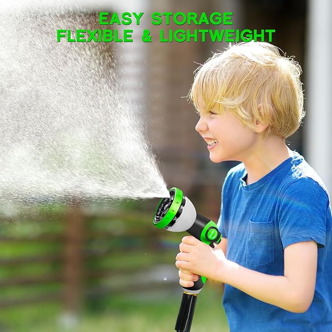 Garden Hose 25 FT, NON-EXPANDABLE Heavy-Duty Flexible & Lightweight Water Hose with 10-Function Nozzle, No-Kink, Leak-Proof Super Fabric, Solid Fittings for Lawn, Car, Outdoor (Black Green)