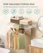 SONGMICS Clothes Drying Rack, Wall-Mounted Drying Rack Clothing, Accordion Laundry Rack, 9 Staggered Hanging Rods, Expandable and Retractable, Steel, Cloud White ULLR806W01