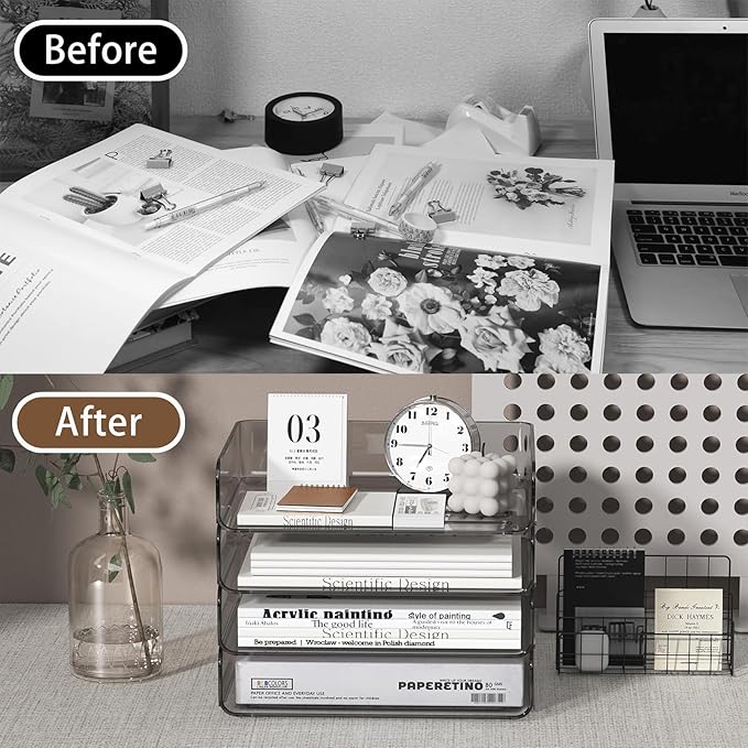 4-Tier Horizontal Acrylic Paper Tray Organizer | Clear Stackable Desk Organizer for Documents, Letters, A4 Paper | Modern Office/Classroom/Home Organization,Brown