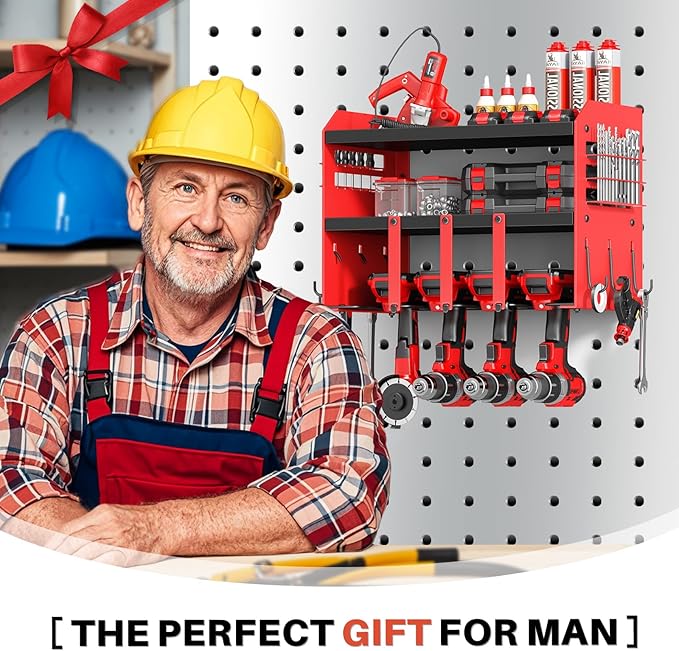 Power Tool Organizer Wall Mount - 120Lbs Load 3 Layers Storage Rack 4 Drill Holders for Drills Cordless Heavy Duty lron Garage Tool Organizer Storage - Workshop Shed Pegboard Basement, Gifts for Men
