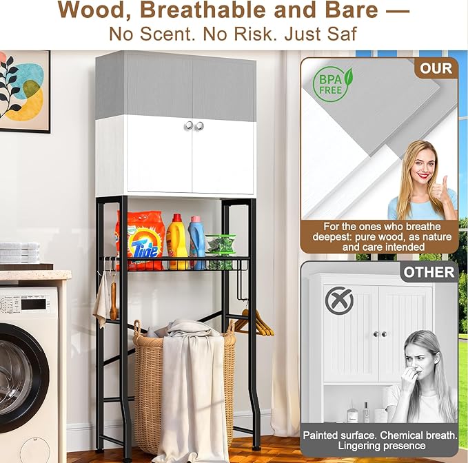 Over-The-Toilet Storage Rack, 4-Tier Bathroom Organizer Shelf Over Toilet with Barn Doors Cabinet and Basket, Freestanding Space Saver Bathroom Shelves with Paper Holder Above Toilet (Gray & White)