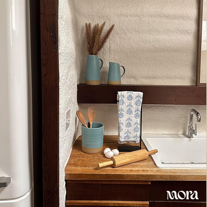 Mora Ceramic Kitchen Utensil Holder - Wooden Spoon & Spatula Crock for Countertop, Modern Farmhouse Home Decor, Extra Large 7.3" Cooking Organizer for Stove Top and Counter - Heavy & Sturdy - Iris