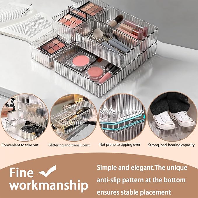 Makeup Drawer Organizer Bins Set - 7 PCS 4-Size Clear Bathroom Drawer Organizers Trays, Desk Junk Vanity Drawer Organizer Storage, Kitchen Utensils, Bathroom, Jewelries and Office