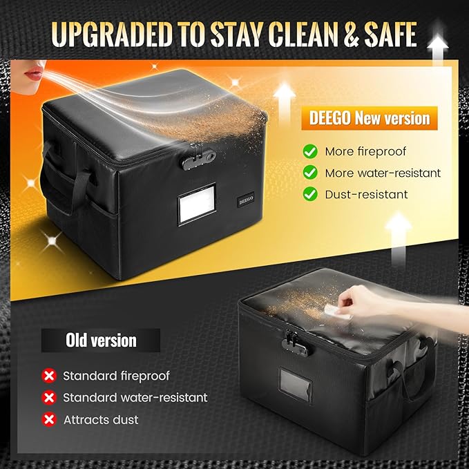DEEGO Fireproof Document Box, Water-Resistant File Organizer Box with Lock for Document Safe, Collapsible File Organizer with Handle, Filing Cabinets for Home Office for Hanging Letter/Legal Folder
