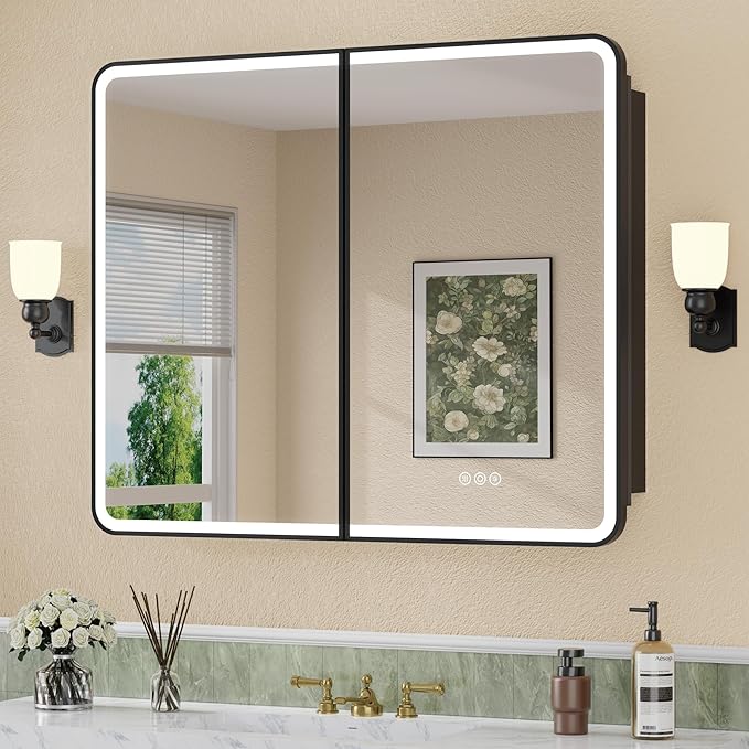 32 x 30 Inch LED Medicine Cabinet with Mirror, UL Certified Dimmable Lighted Bathroom Mirror Cabinet, Anti-Fog & Memory Function, 3 Color Modes, Recessed or Wall Mounted, Adjustable Shelf, Black