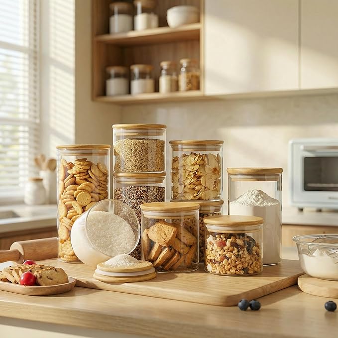 17oz - 4 Pack Glass Jars with Bamboo Lids, Glass Food Storage Containers with Airtight Lids, Air Tight Pantry Storage Containers for Coffee, Sugar, Spice, Meal Prep Jars for Salad & Fruit