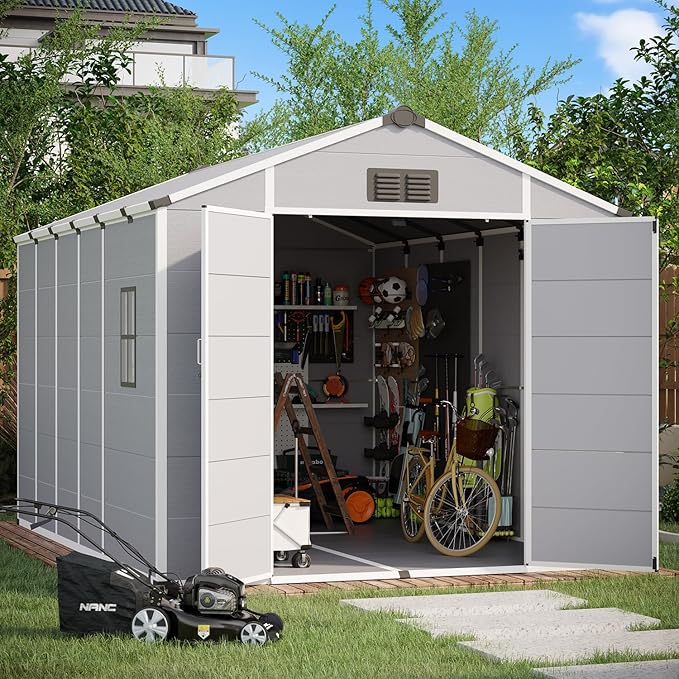 8 x 12 FT Plastic Tool Shed, Plastic Garden Shed with Floor, Lockable Doors & Windows, Resin Outdoor Storage Shed for Backyard, Patio, Poolside