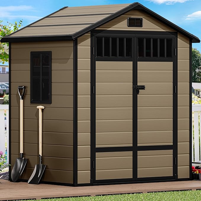 DWVO 6x4.4 FT Resin Storage Shed with Fence-Style and Side Windows, Lockable Door, and Vents Outdoor Storage Shed for Garden, Backyard, Patio, Lawn