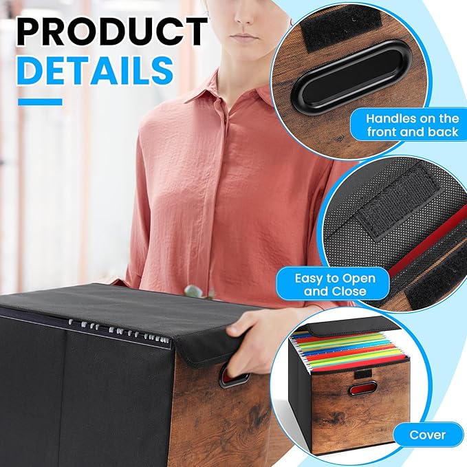 File Organizer Box with Wood Grain Pattern, Hanging Collapsible File Storage Bins with Lid Plastic Slides for School Classroom Office Organizer, Rustic Brown Desk Storage